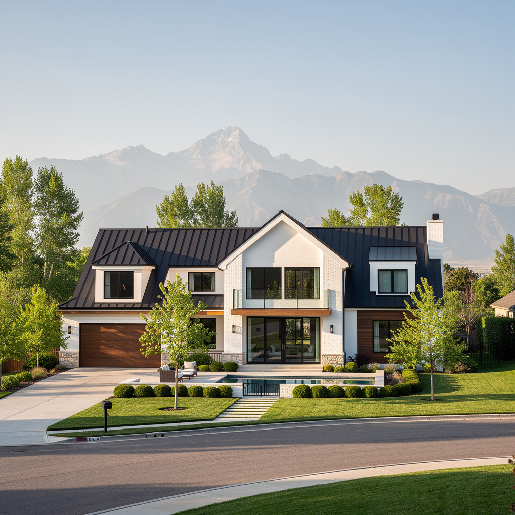 A Studio McGee-style luxury home exterior in the Beacon Hills neighborhood of Highland, UT — premium home cleaning by Salt and Slate