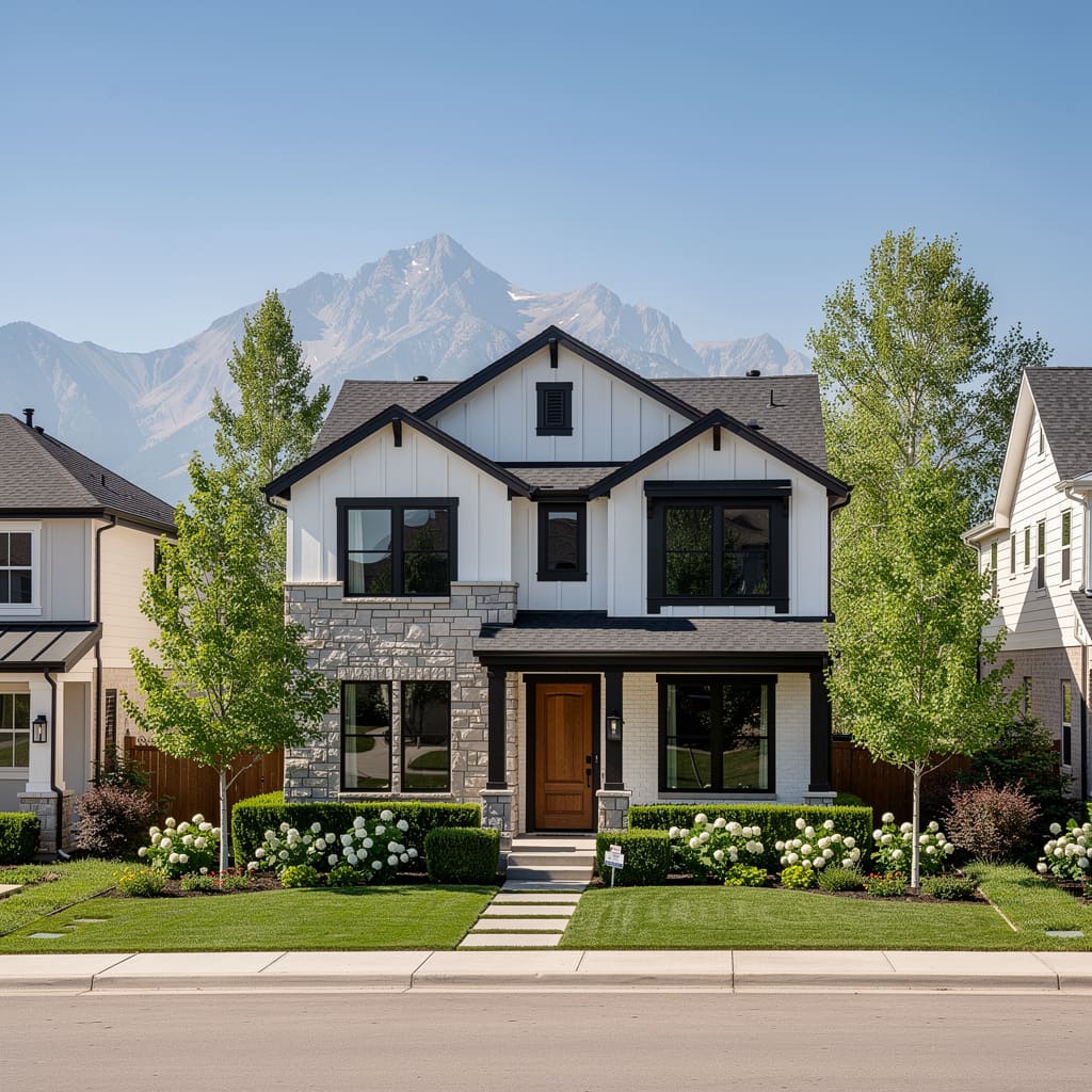 A Studio McGee-style luxury home exterior in the Highland Town Center Estates neighborhood of Highland, UT — premium home cleaning by Salt and Slate