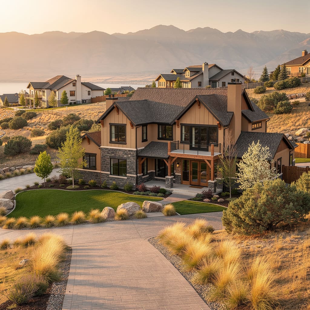 A Studio McGee-style luxury home exterior in the South Mountain Estates neighborhood of Lehi, UT — premium home cleaning by Salt and Slate