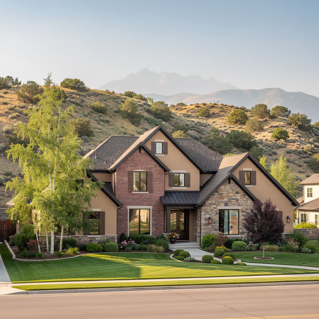 A Studio McGee-style luxury home exterior in the Canberra Estates neighborhood of Lindon, UT — premium home cleaning by Salt and Slate