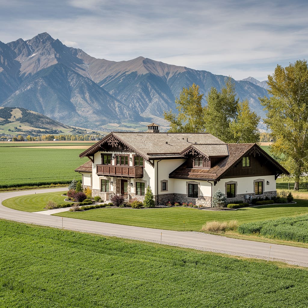 A Studio McGee-style luxury home exterior in the Swiss Alpine Village neighborhood of Midway, UT — premium home cleaning by Salt and Slate