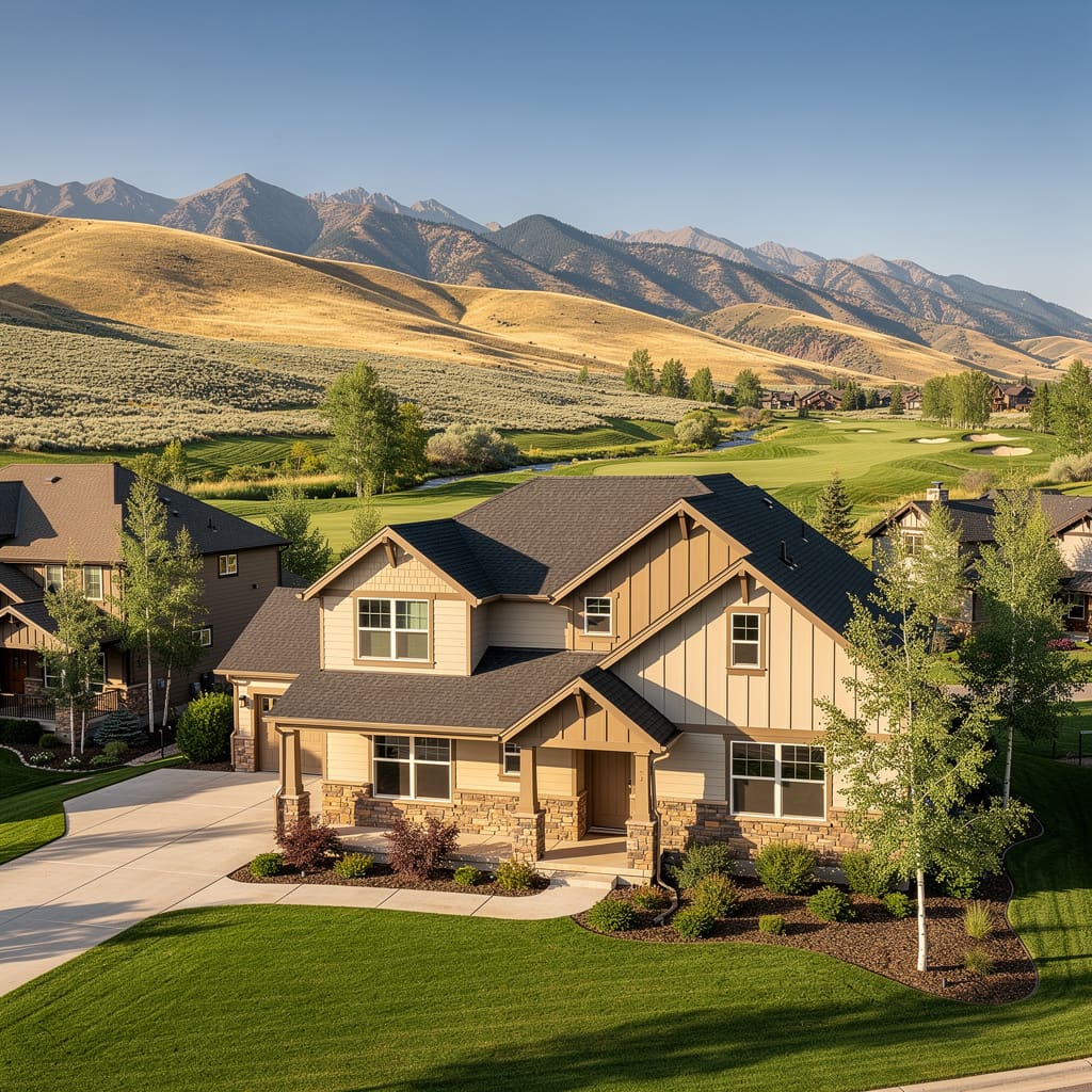 A Studio McGee-style luxury home exterior in the Jeremy Ranch neighborhood of Park City, UT — premium home cleaning by Salt and Slate