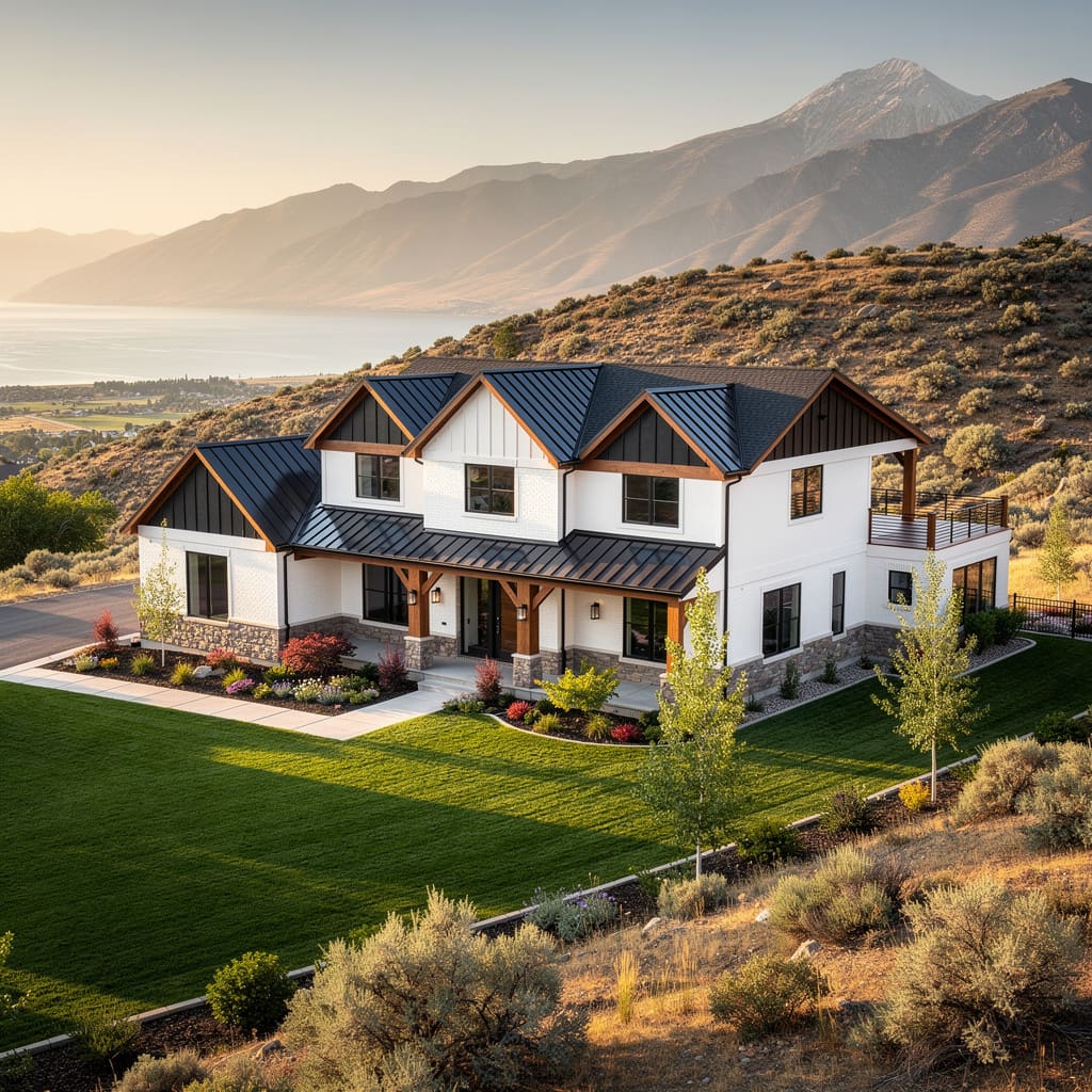 A Studio McGee-style luxury home exterior in the East Bench neighborhood of Pleasant Grove, UT — premium home cleaning by Salt and Slate
