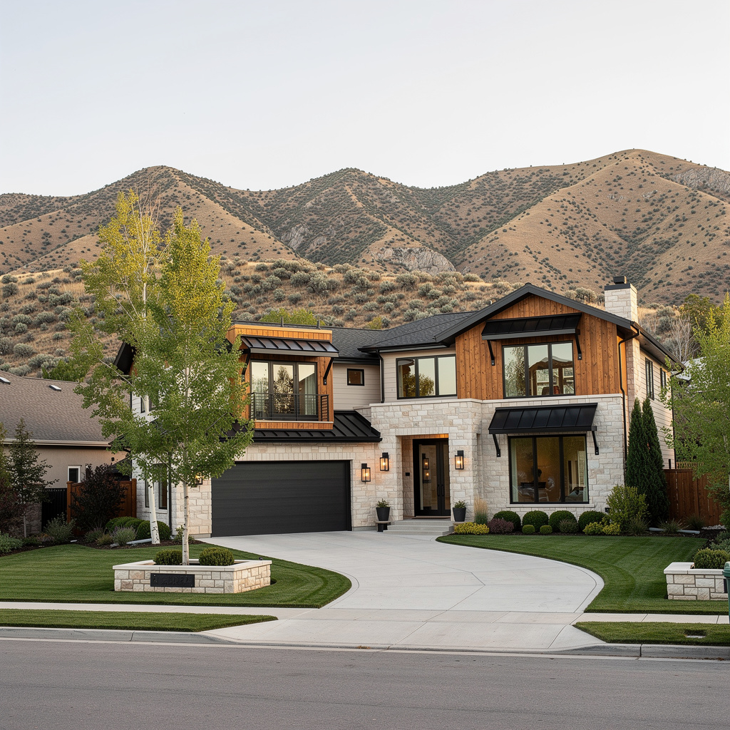 A Studio McGee-style luxury home exterior in the East Bench neighborhood of Salt Lake City, UT — premium home cleaning by Salt and Slate