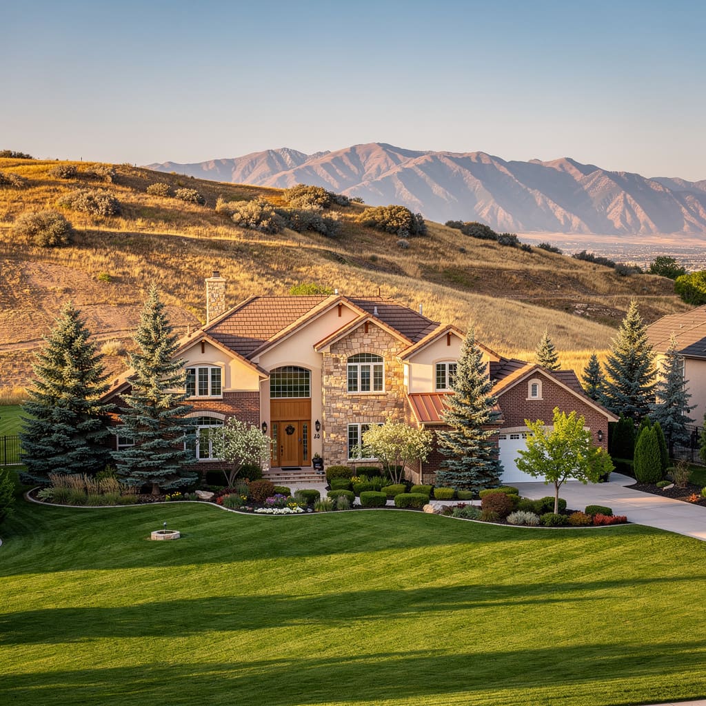 A Studio McGee-style luxury home exterior in the Pepperwood neighborhood of Sandy, UT — premium home cleaning by Salt and Slate