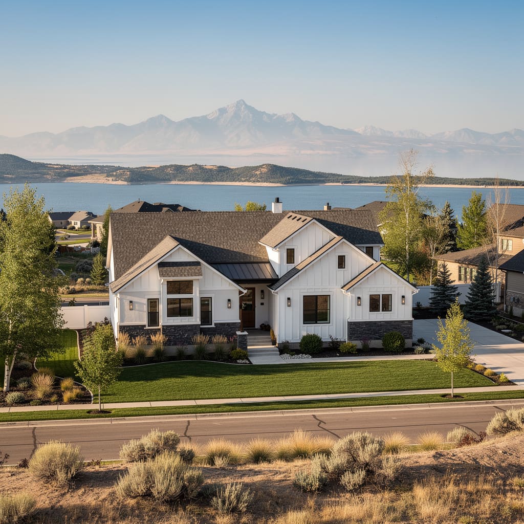 A Studio McGee-style luxury home exterior in the Harvest Hills neighborhood of Saratoga Springs, UT — premium home cleaning by Salt and Slate