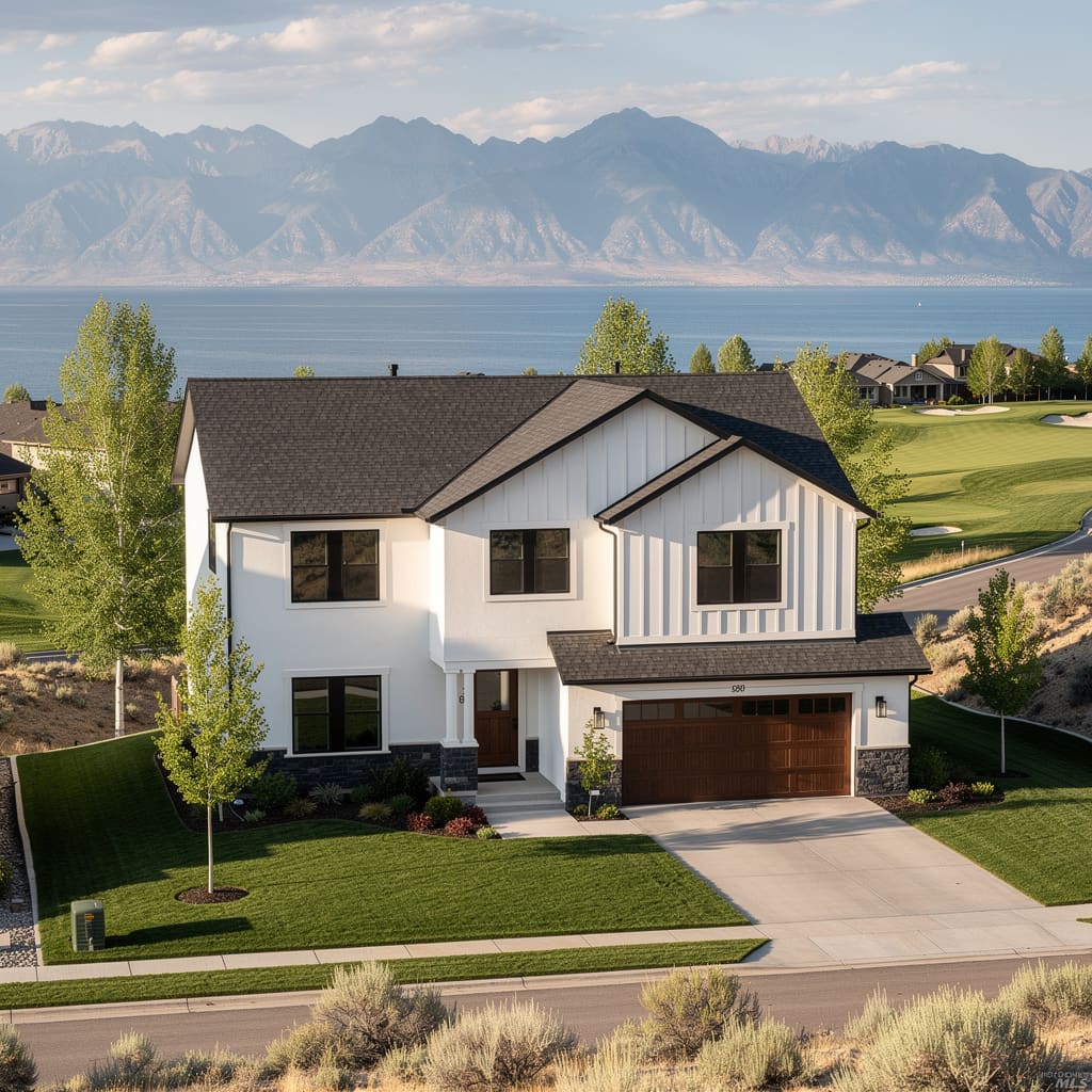 A Studio McGee-style luxury home exterior in the Summerhill neighborhood of Saratoga Springs, UT — premium home cleaning by Salt and Slate