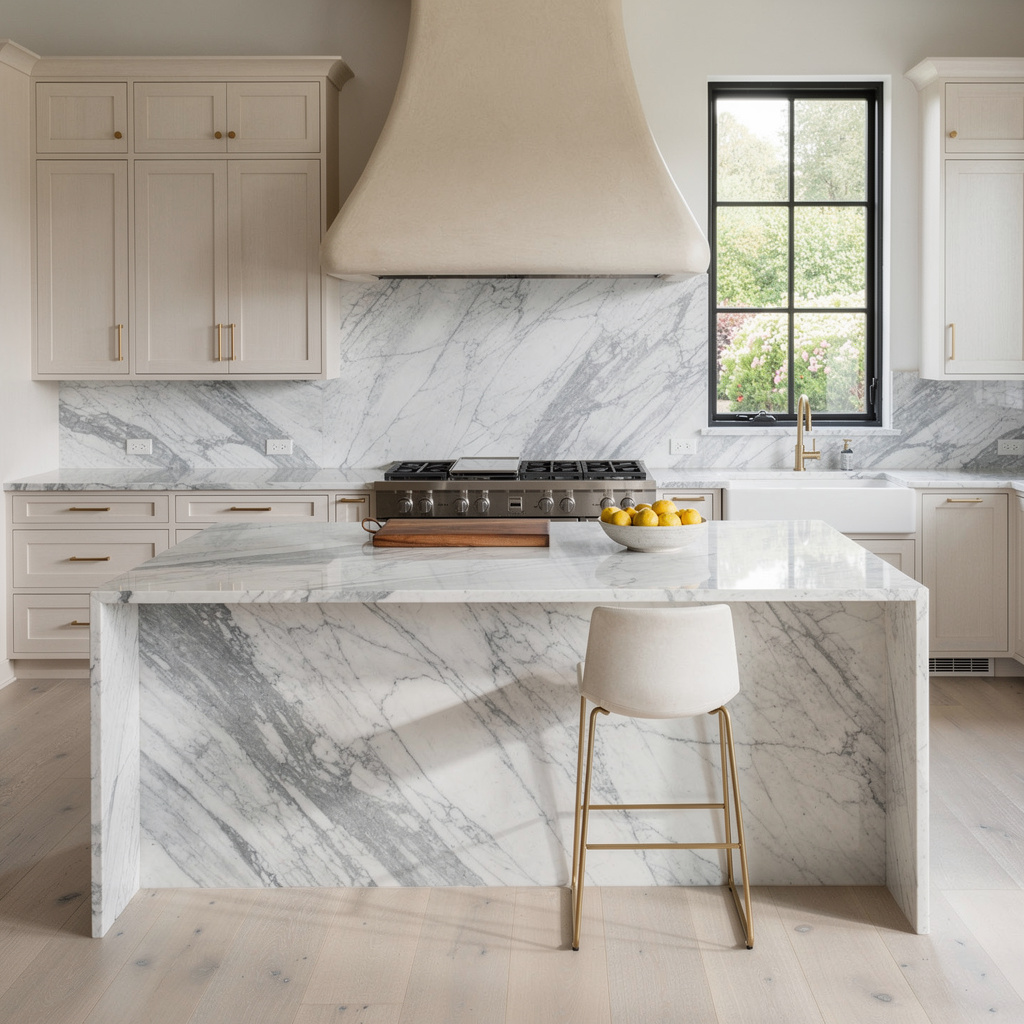 Studio McGee-style kitchen with marble island and brass pendant lighting — deep cleaning in Boulder City, NV by Salt and Slate