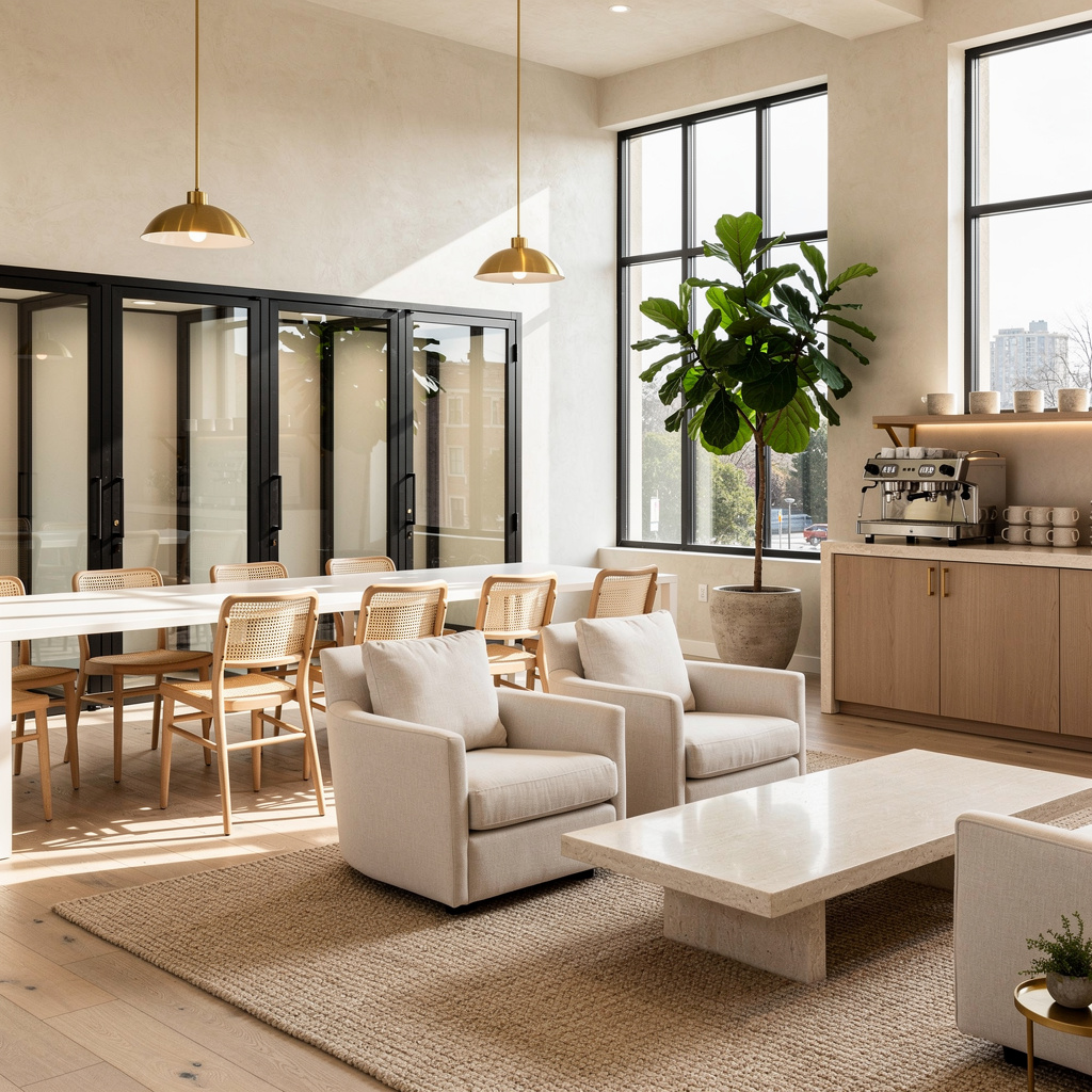 Upscale coworking space with communal white oak worktables — representative of the commercial facilities Salt and Slate cleans in Chandler, AZ