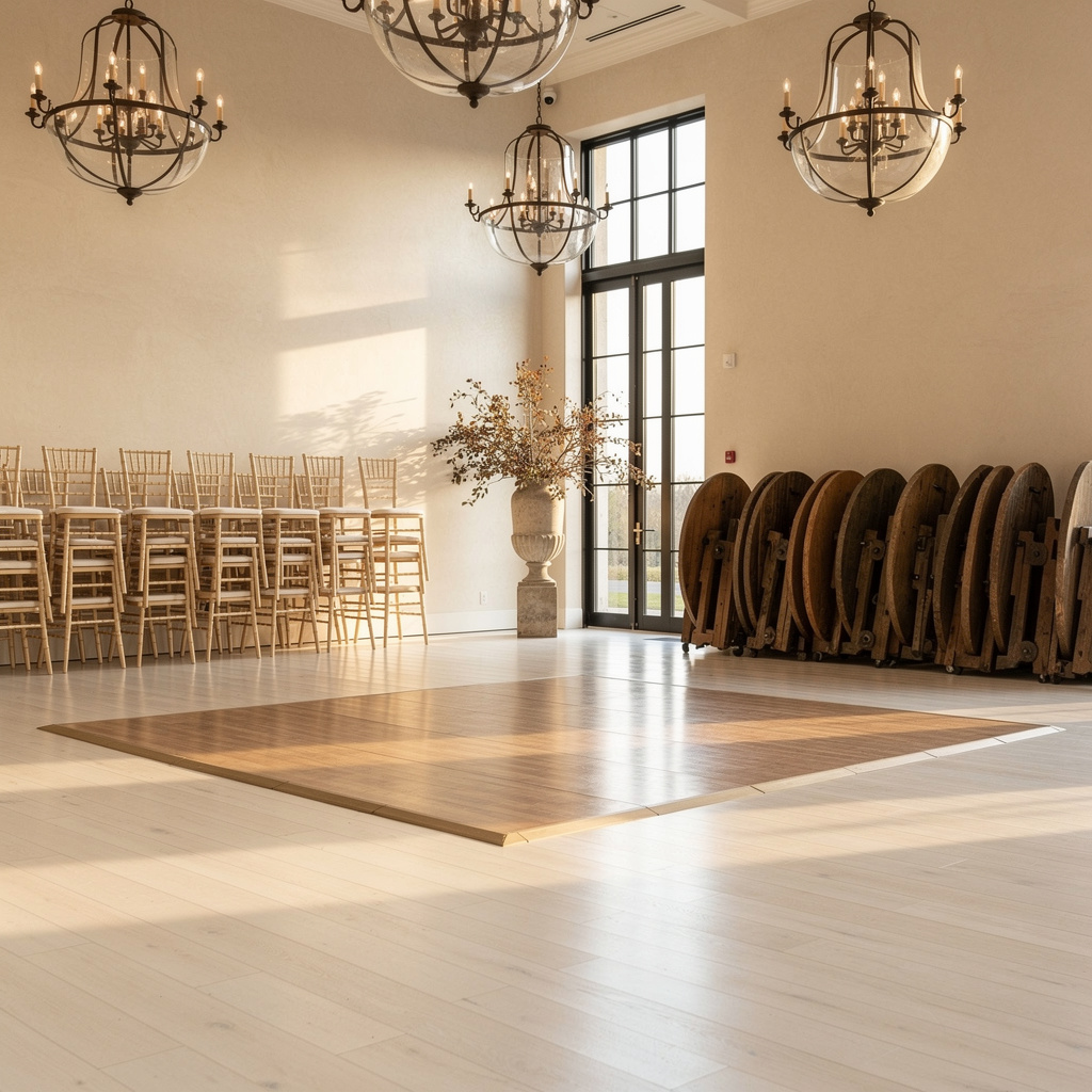 Event venue ballroom reset between bookings with stacked chiavari chairs — event venue cleaning in Las Vegas, NV by Salt and Slate commercial teams