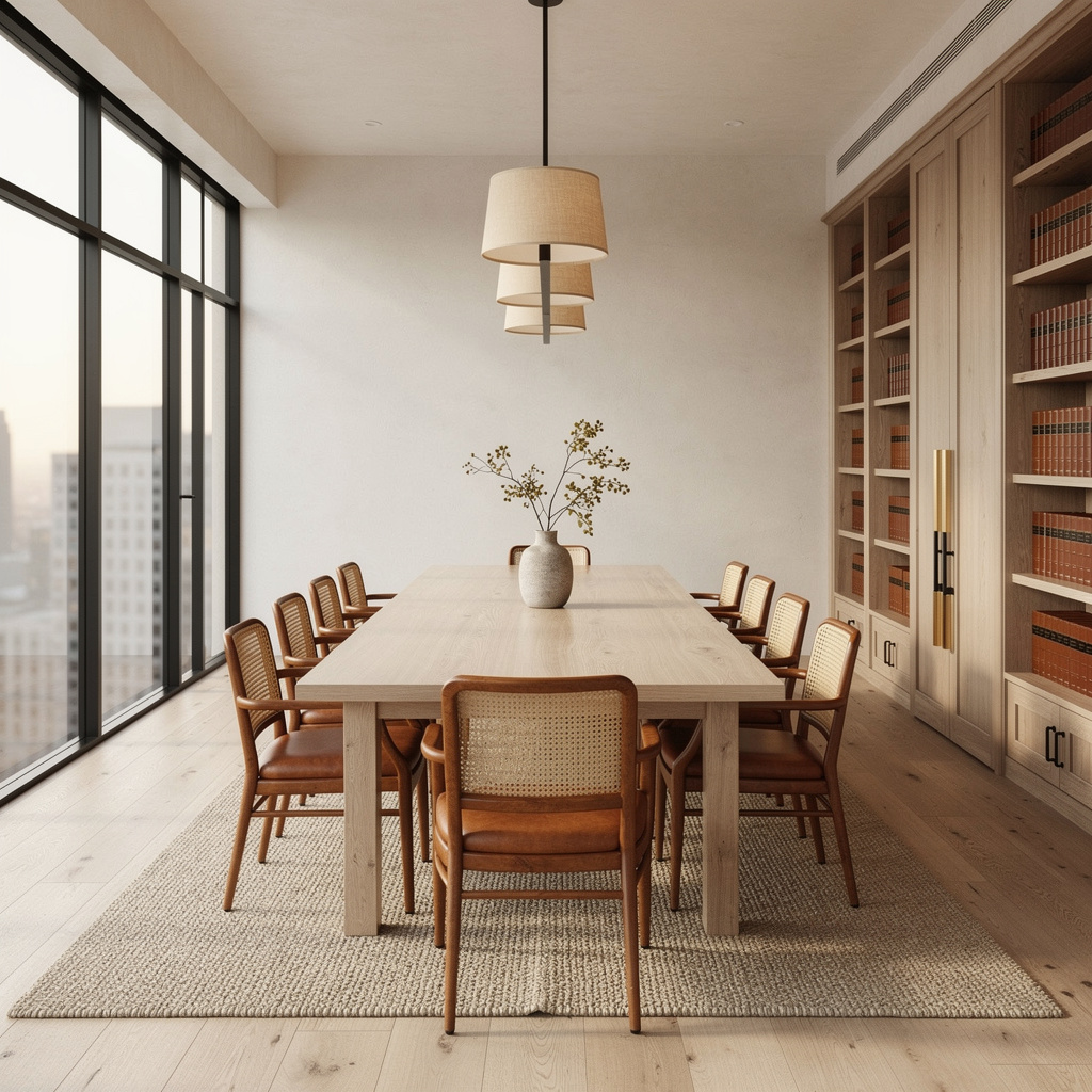 Upscale law firm conference room with white oak table and legal library — representative of the commercial facilities Salt and Slate cleans in Sandy, UT