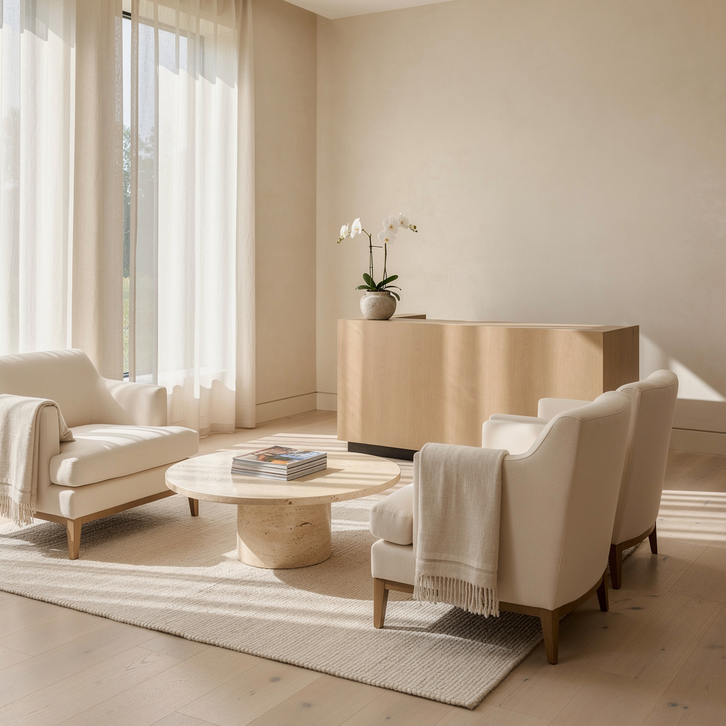 Calm upscale medical office waiting area with cream lounge seating — medical office cleaning in Boulder City, NV by Salt and Slate commercial teams