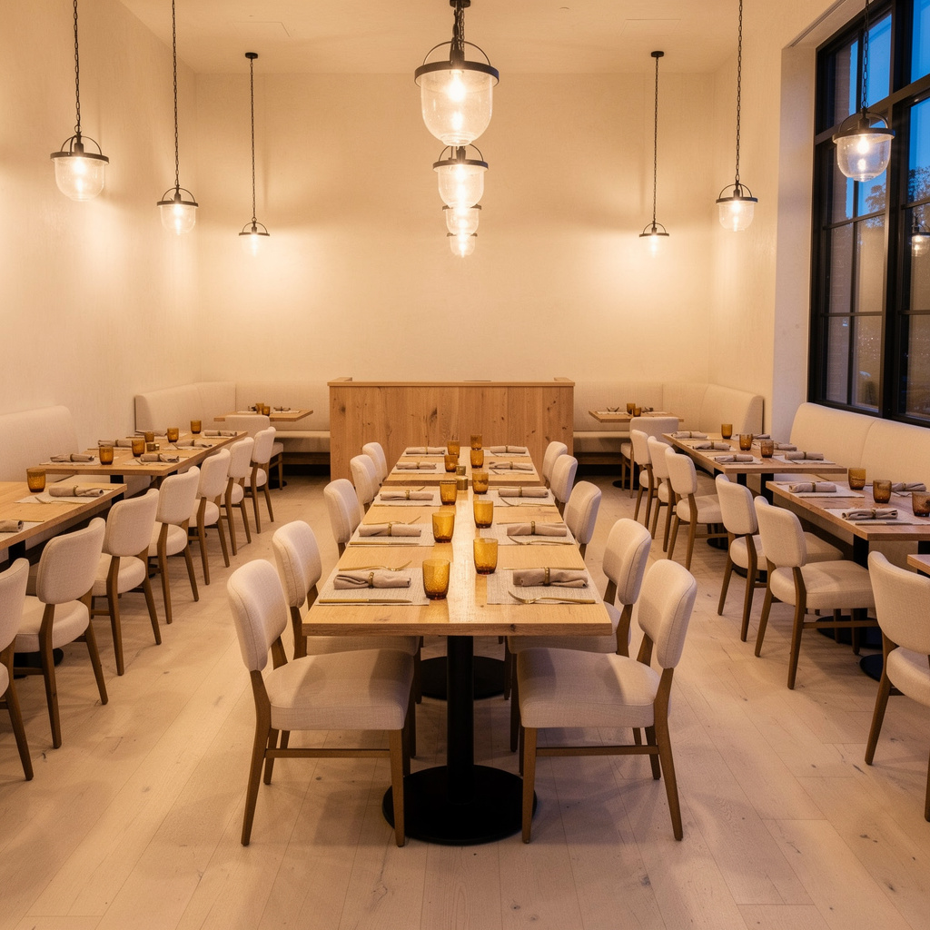 Upscale restaurant dining room reset before service — representative of the commercial facilities Salt and Slate cleans in Salt Lake City, UT