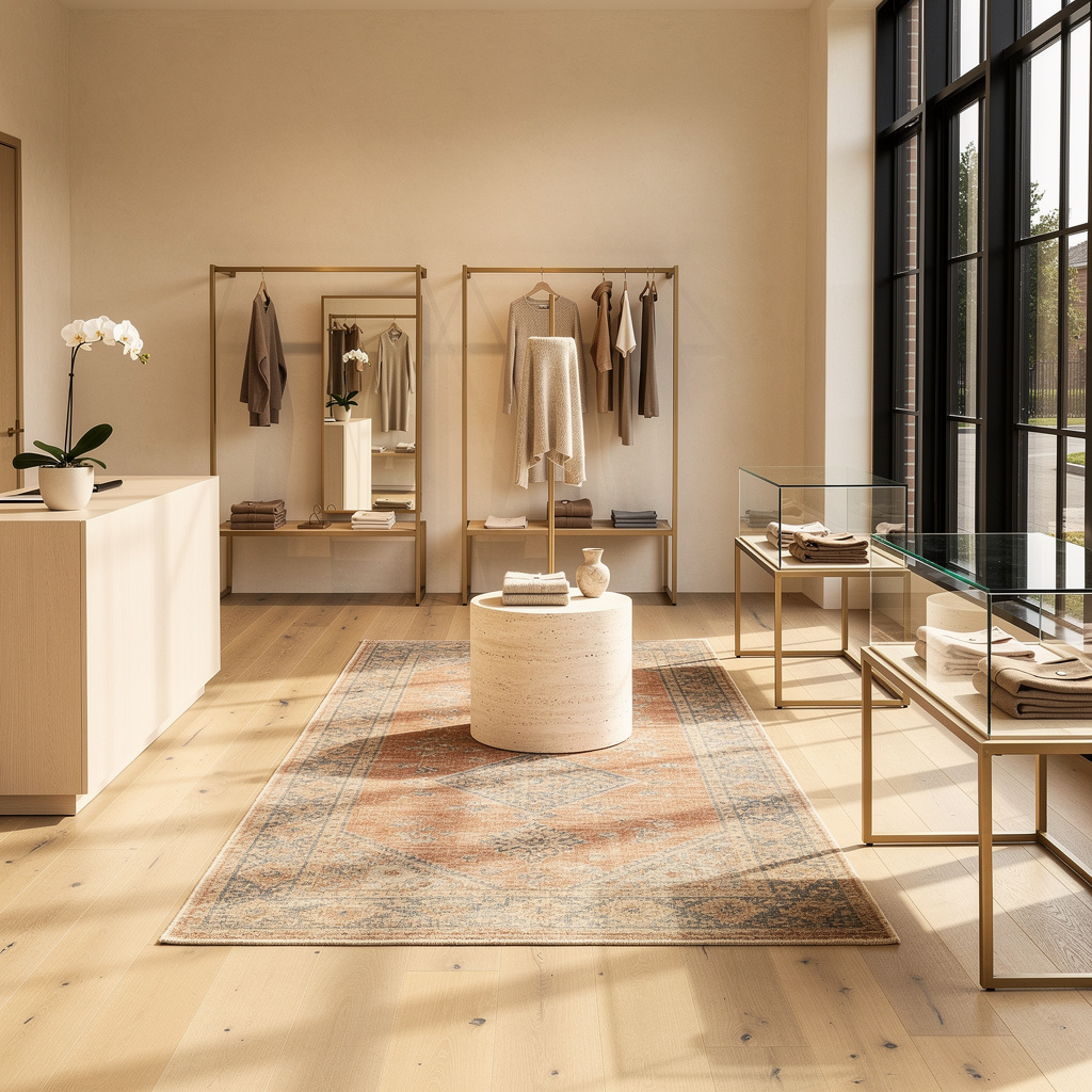 Upscale boutique retail store interior with white oak displays — representative of the commercial facilities Salt and Slate cleans in Highland, UT