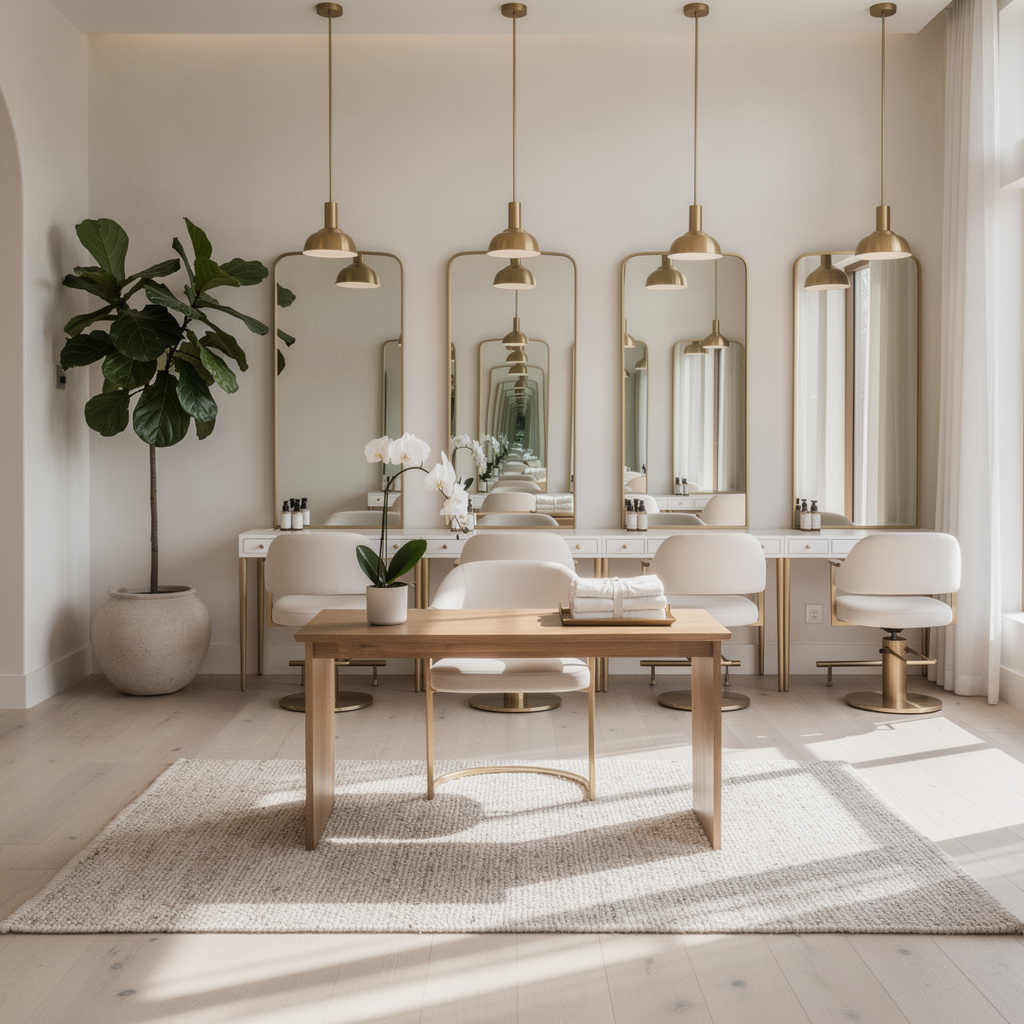 Upscale salon and spa interior with white oak styling stations — representative of the commercial facilities Salt and Slate cleans in Henderson, NV